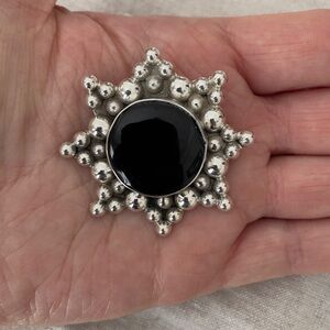 Sterling Silver Onyx Brooch Mexican Taxco Sheriff 8 Point Star Unpolished